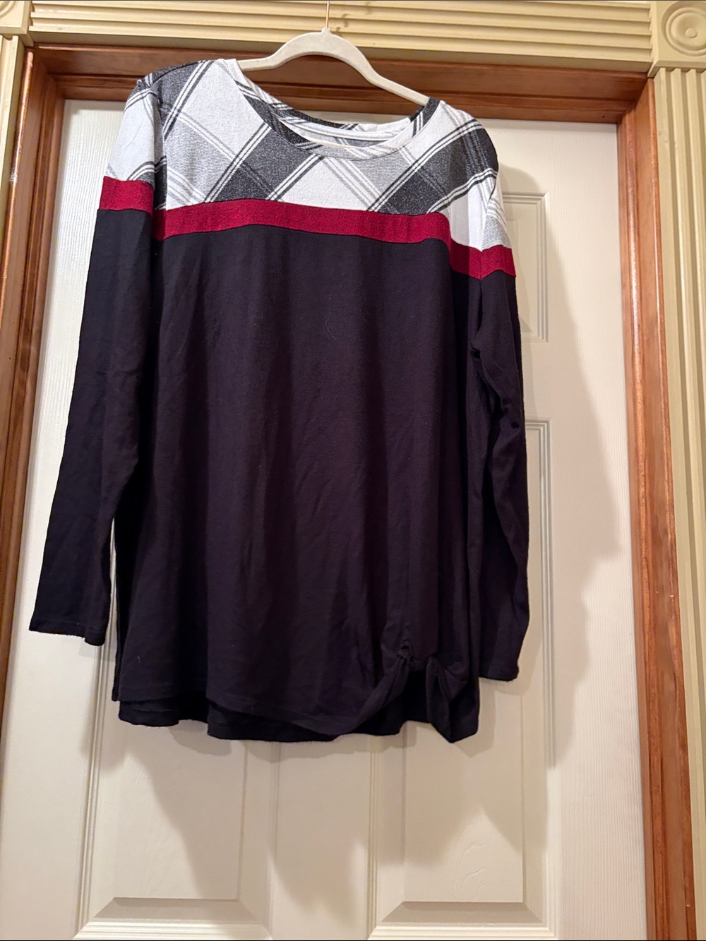 Maurices Black Long Sleeve Top with White Plaid Yoke and Red Stripe